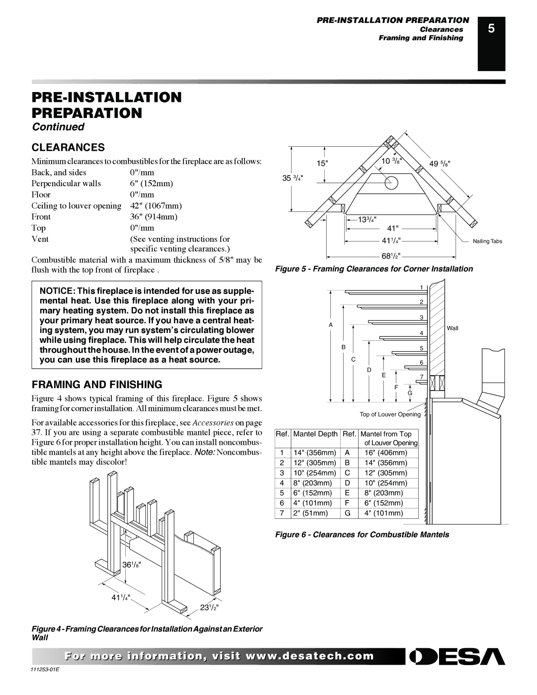 Desa VV36EPC1 installation manual Clearances, Framing and Finishing 