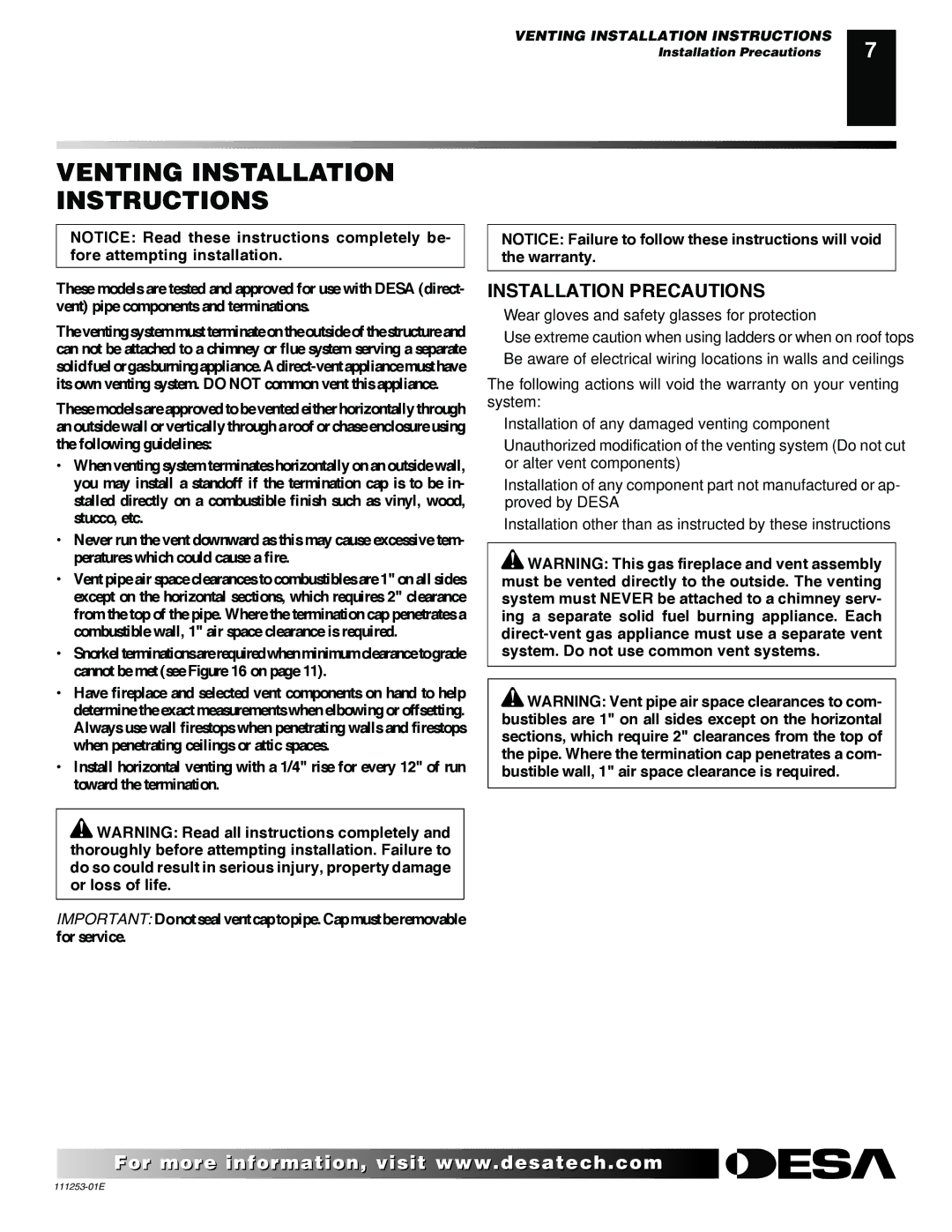 Desa VV36EPC1 installation manual Venting Installation Instructions, Installation Precautions 