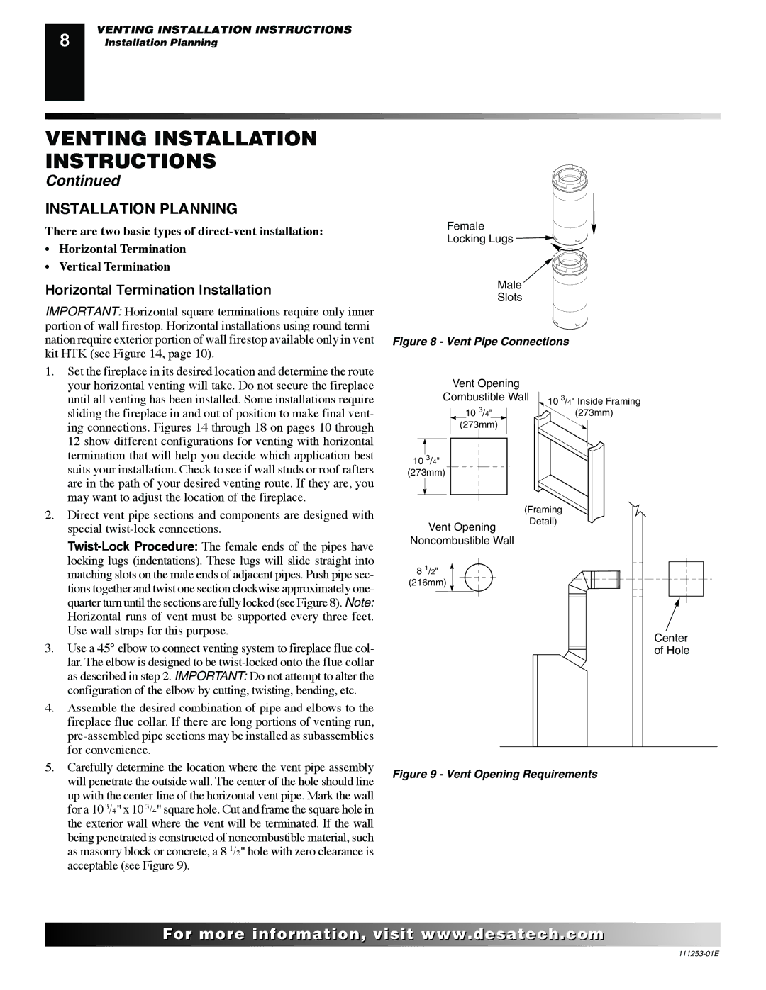 Desa VV36EPC1 installation manual Installation Planning, Horizontal Termination Installation 