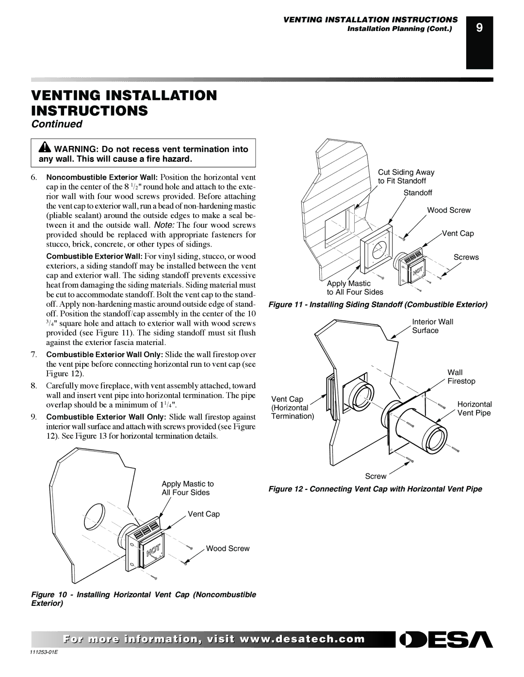 Desa VV36EPC1 installation manual Installing Siding Standoff Combustible Exterior 