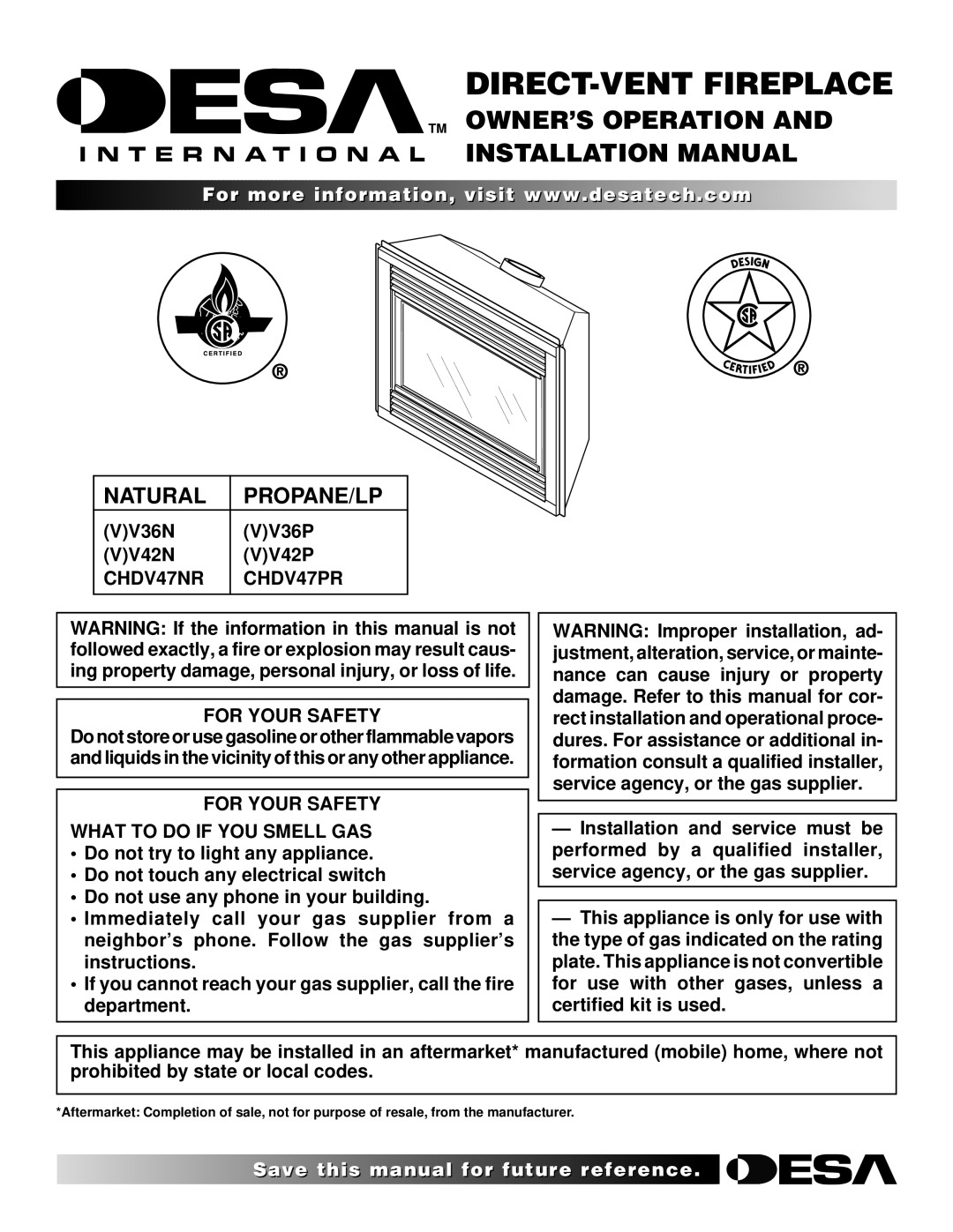 Desa (V)V36N installation manual TM OWNER’S Operation Installation Manual, CHDV47NR CHDV47PR For Your Safety 