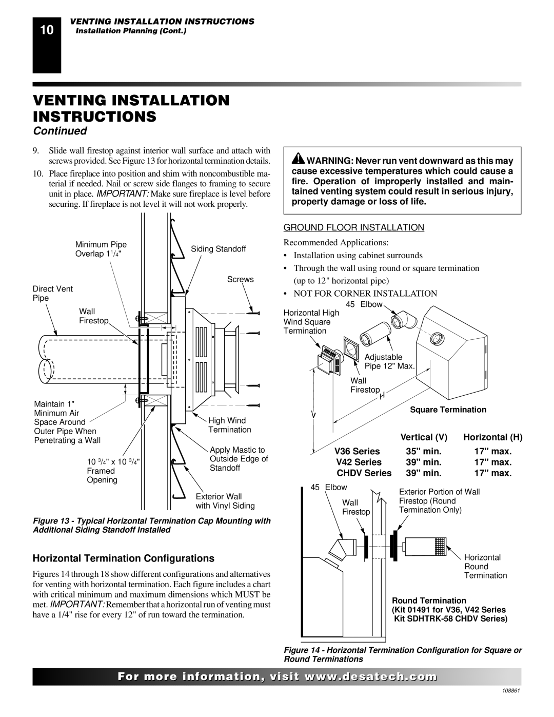 Desa CHDV47NR, (V)V36N, CHDV47PR installation manual Horizontal Termination Configurations, Ground Floor Installation 