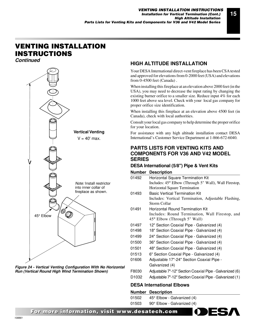 Desa (V)V36N, CHDV47NR High Altitude Installation, Desa International 5/8 Pipe & Vent Kits, Desa International Elbows 