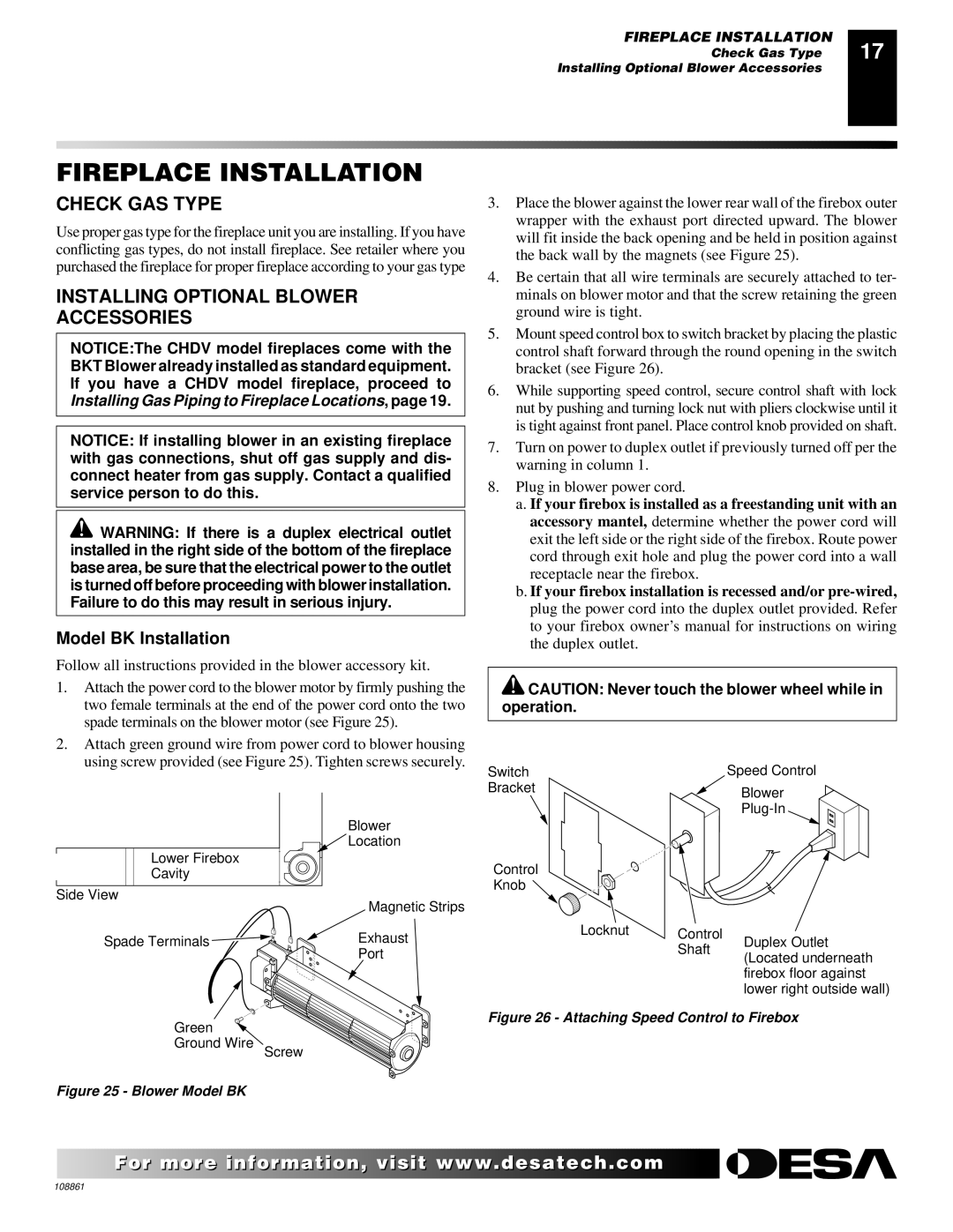 Desa CHDV47PR Fireplace Installation, Check GAS Type, Installing Optional Blower Accessories, Model BK Installation 