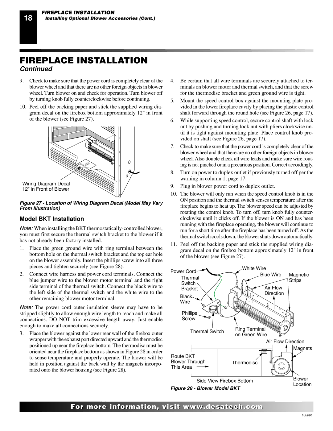 Desa (V)V36N, CHDV47NR, CHDV47PR installation manual Model BKT Installation, Blower Model BKT 