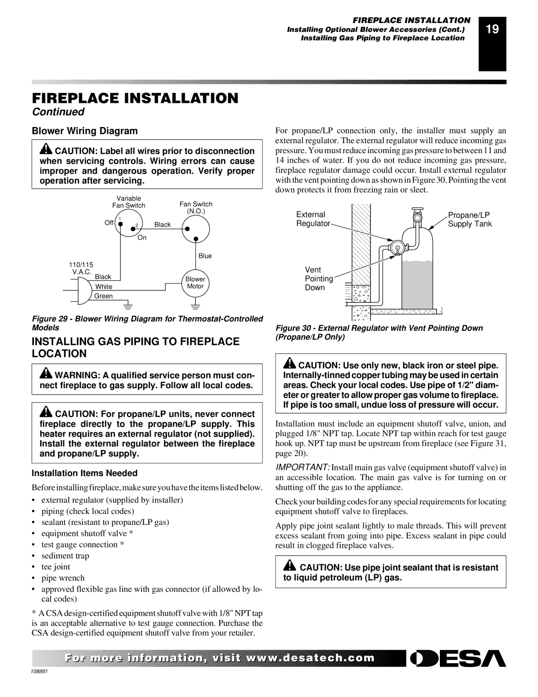 Desa CHDV47NR, (V)V36N, CHDV47PR installation manual Installing GAS Piping to Fireplace Location, Blower Wiring Diagram 