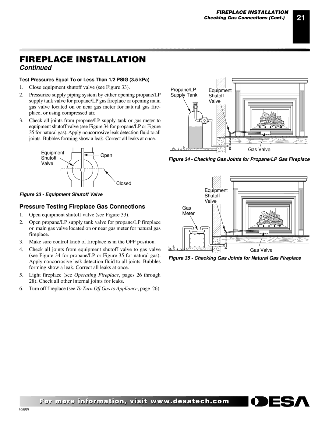 Desa (V)V36N, CHDV47NR Pressure Testing Fireplace Gas Connections, Checking Gas Joints for Propane/LP Gas Fireplace 