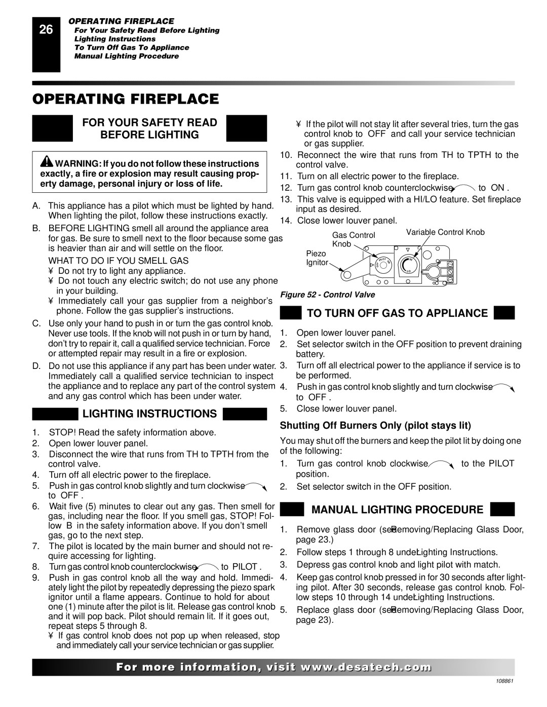 Desa CHDV47PR Operating Fireplace, For Your Safety Read Before Lighting, Lighting Instructions, Manual Lighting Procedure 