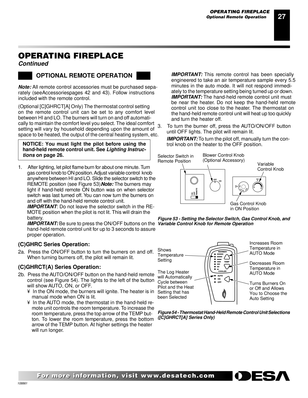 Desa (V)V36N, CHDV47NR, CHDV47PR Optional Remote Operation, Cghrc Series Operation, Cghrcta Series Operation 