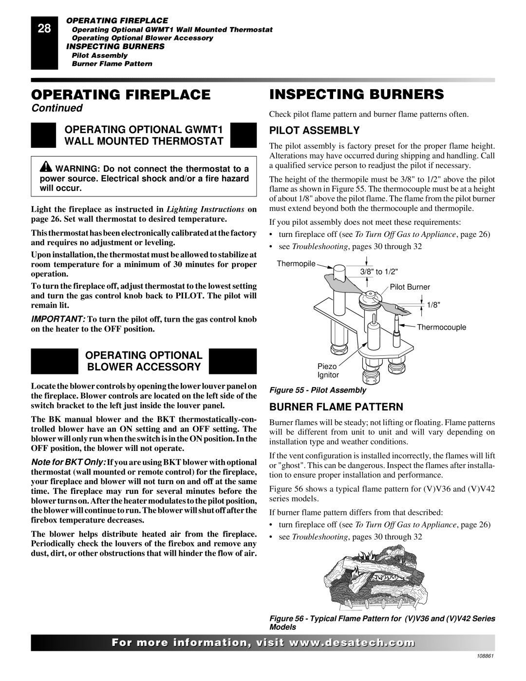 Desa CHDV47NR Inspecting Burners, Operating Optional GWMT1 Wall Mounted Thermostat, Operating Optional Blower Accessory 