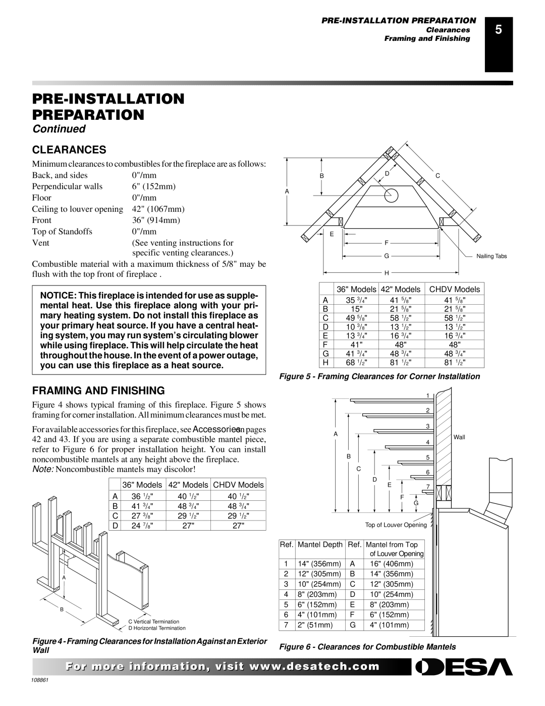 Desa CHDV47PR, (V)V36N, CHDV47NR installation manual Clearances, Framing and Finishing 