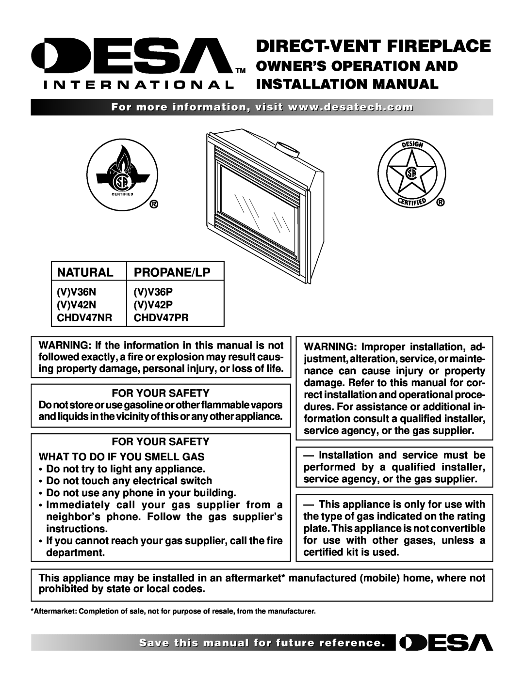 Desa CHDV47NR installation manual Tm Owner’S Operation And Installation Manual, Natural, Propane/Lp, VV36N, VV36P, VV42N 