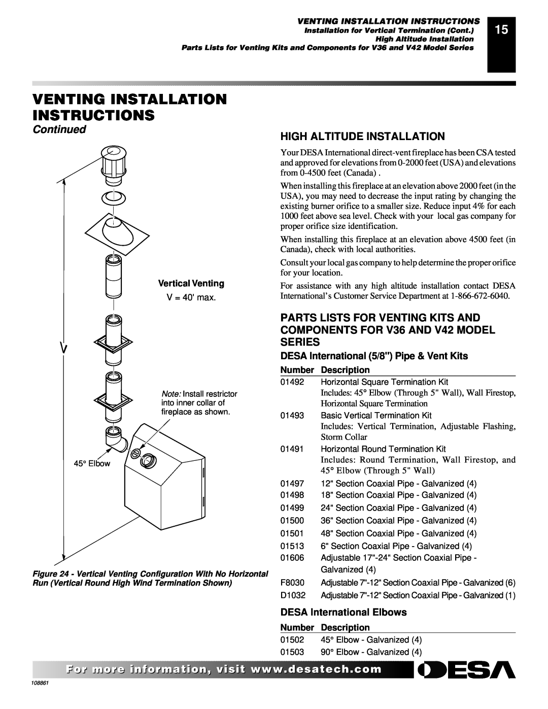 Desa (V)V36N High Altitude Installation, DESA International 5/8 Pipe & Vent Kits, DESA International Elbows, Continued 