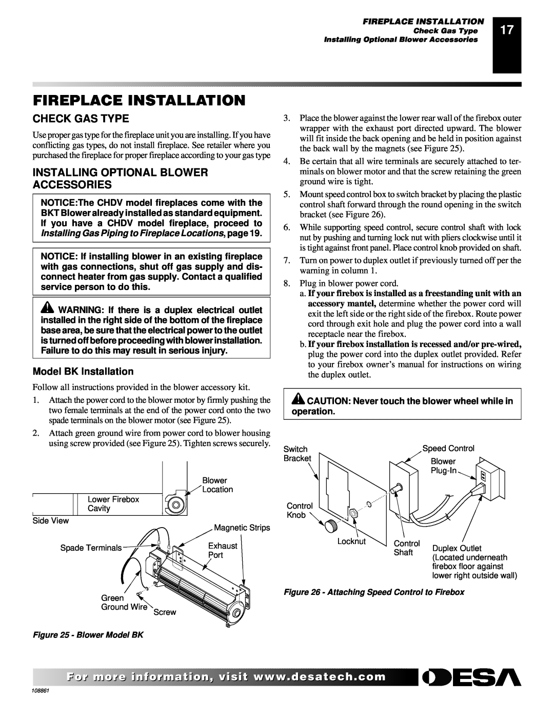 Desa CHDV47PR Fireplace Installation, Check Gas Type, Installing Optional Blower Accessories, Model BK Installation 