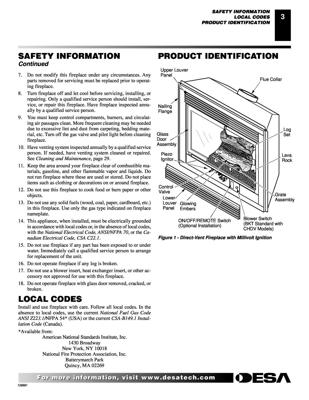 Desa (V)V36N Product Identification, Local Codes, Continued, See Cleaning and Maintenance, page, Safety Information 