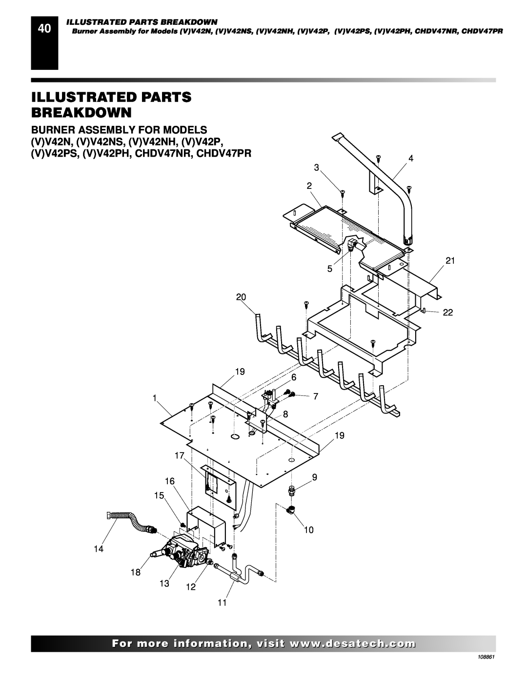 Desa CHDV47NR, (V)V36N, CHDV47PR installation manual Illustrated Parts Breakdown, 20 19 1 17 16, 4 3 2 21 5 22 6 7 8, 108861 