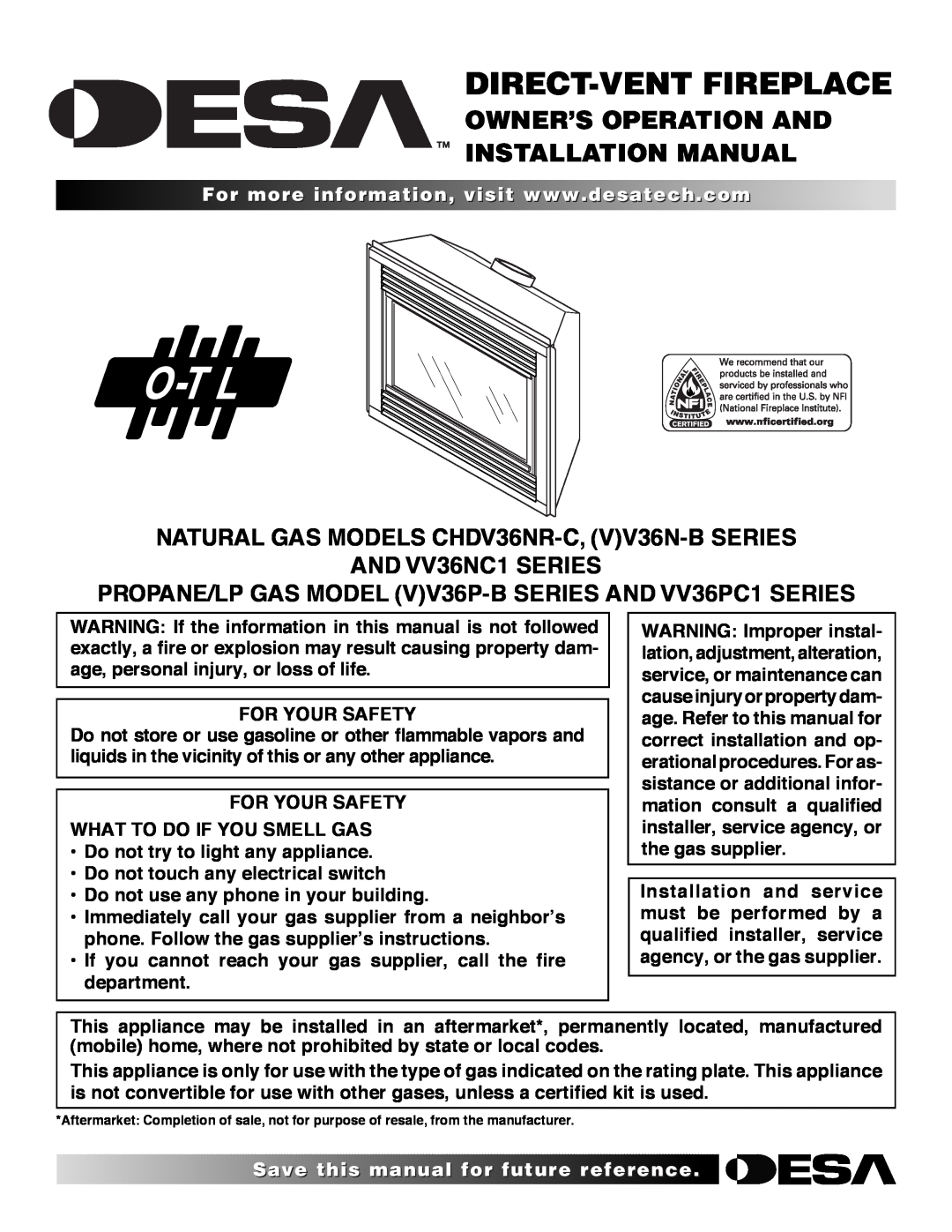 Desa (V)V36P-B SERIES, VV36PC1 SERIES installation manual Owner’S Operation And Installation Manual, For Your Safety 