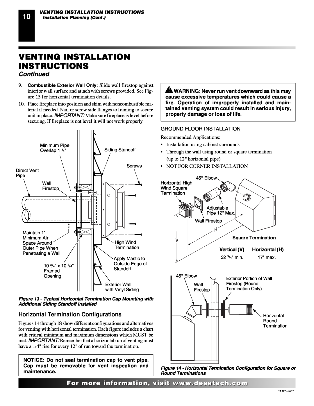 Desa (V)V36P-B SERIES, VV36PC1 SERIES Horizontal Termination Configurations, Venting Installation Instructions, Continued 