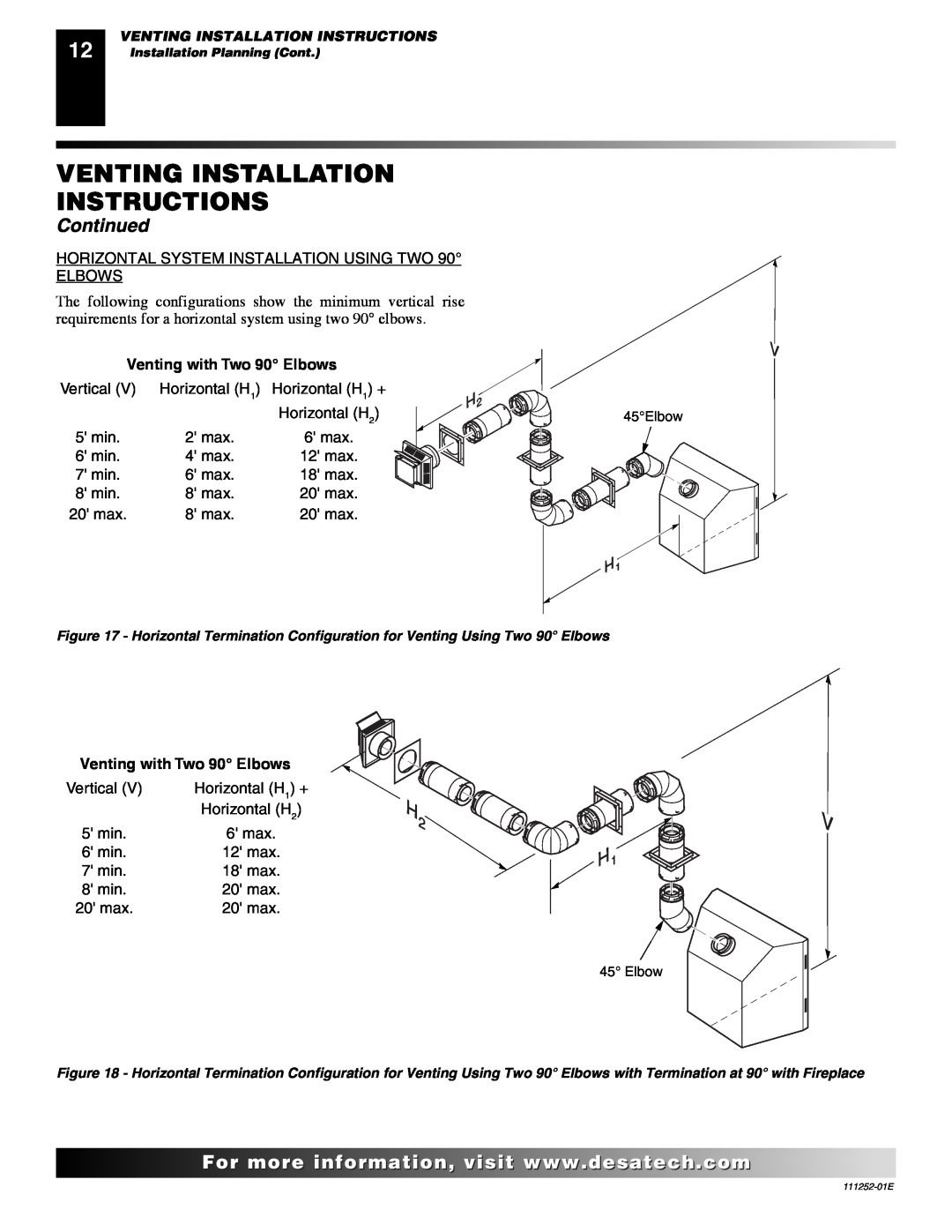 Desa CHDV36NR-C, (V)V36P-B SERIES, VV36PC1 SERIES Venting Installation Instructions, Continued, Venting with Two 90 Elbows 