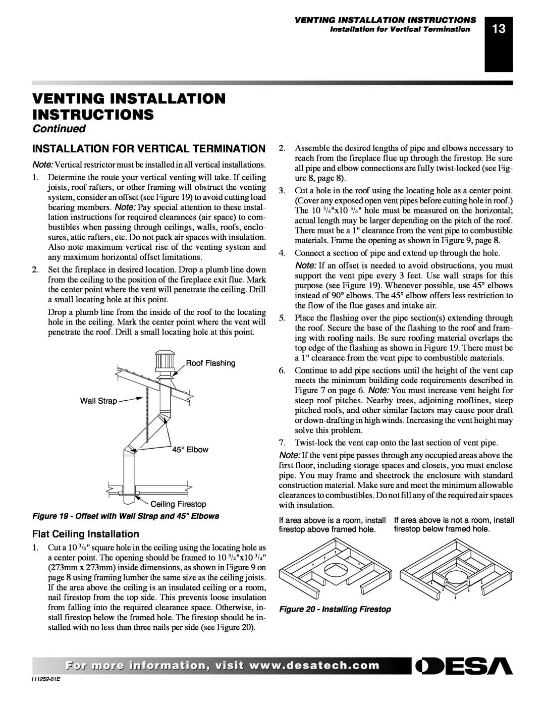 Desa (V)V36P-B SERIES, VV36PC1 SERIES Installation For Vertical Termination, Flat Ceiling Installation, Continued 