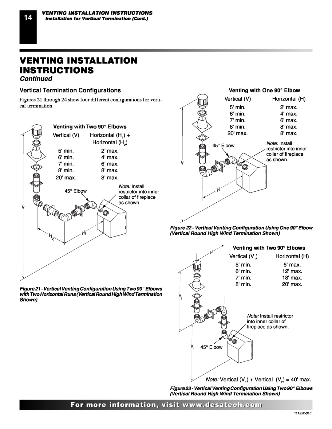 Desa (V)V36N-B SERIES, VV36NC1 SERIES Vertical Termination Configurations, Venting Installation Instructions, Continued 