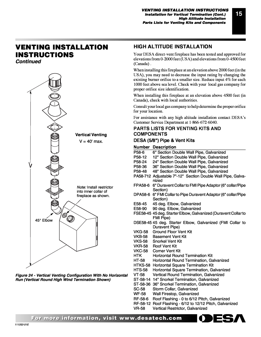 Desa CHDV36NR-C High Altitude Installation, Parts Lists For Venting Kits And Components, DESA 5/8 Pipe & Vent Kits 