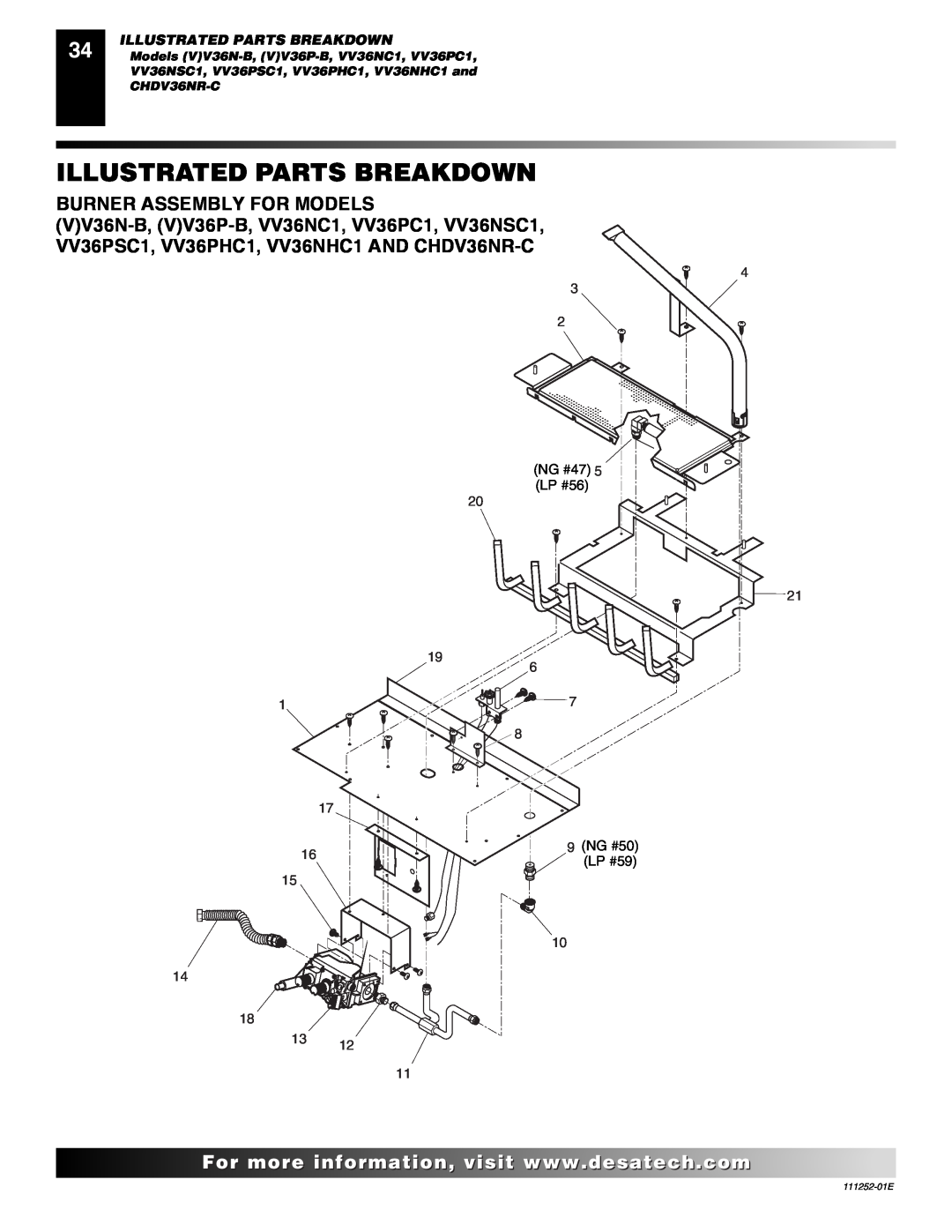 Desa (V)V36P-B SERIES, VV36PC1 SERIES Burner Assembly For Models, Illustrated Parts Breakdown, CHDV36NR-C, 111252-01E 
