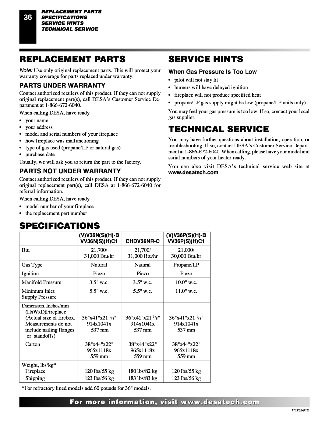 Desa CHDV36NR-C Replacement Parts, Service Hints, Technical Service, Specifications, Parts Under Warranty 