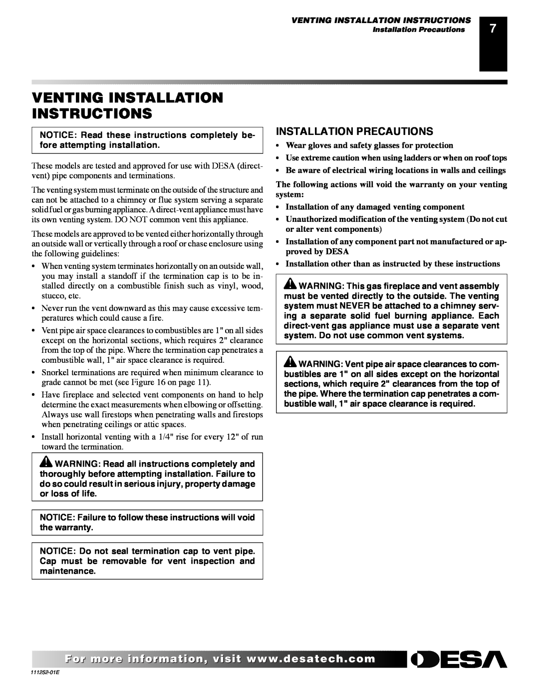 Desa (V)V36P-B SERIES, VV36PC1 SERIES, CHDV36NR-C Venting Installation Instructions, Installation Precautions 