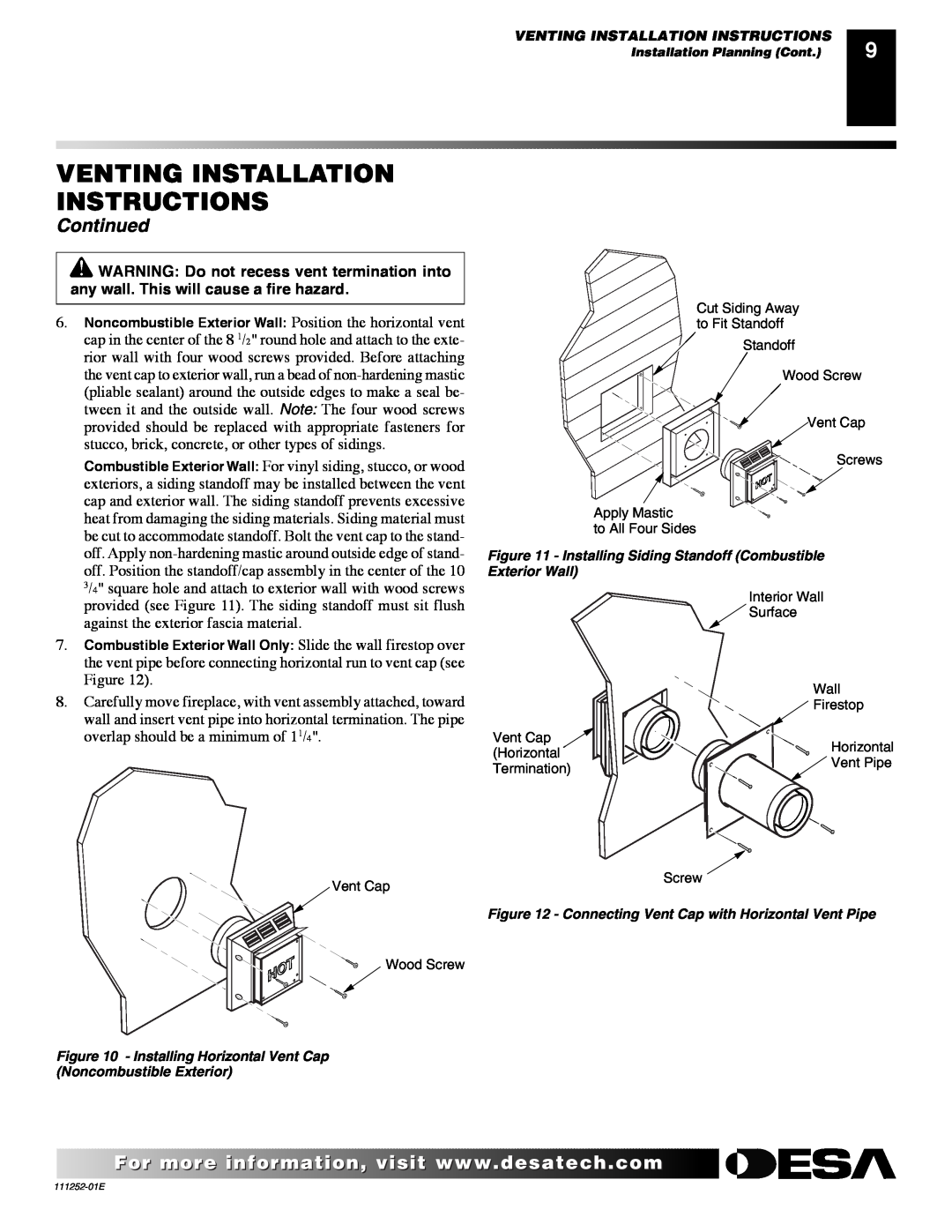 Desa CHDV36NR-C Venting Installation Instructions, Continued, Installing Horizontal Vent Cap, Noncombustible Exterior 