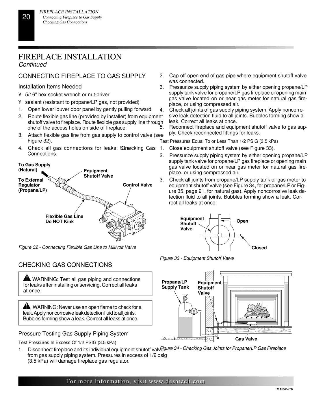 Desa (V)V36PA(1) Connecting Fireplace to GAS Supply, Checking GAS Connections, Installation Items Needed 