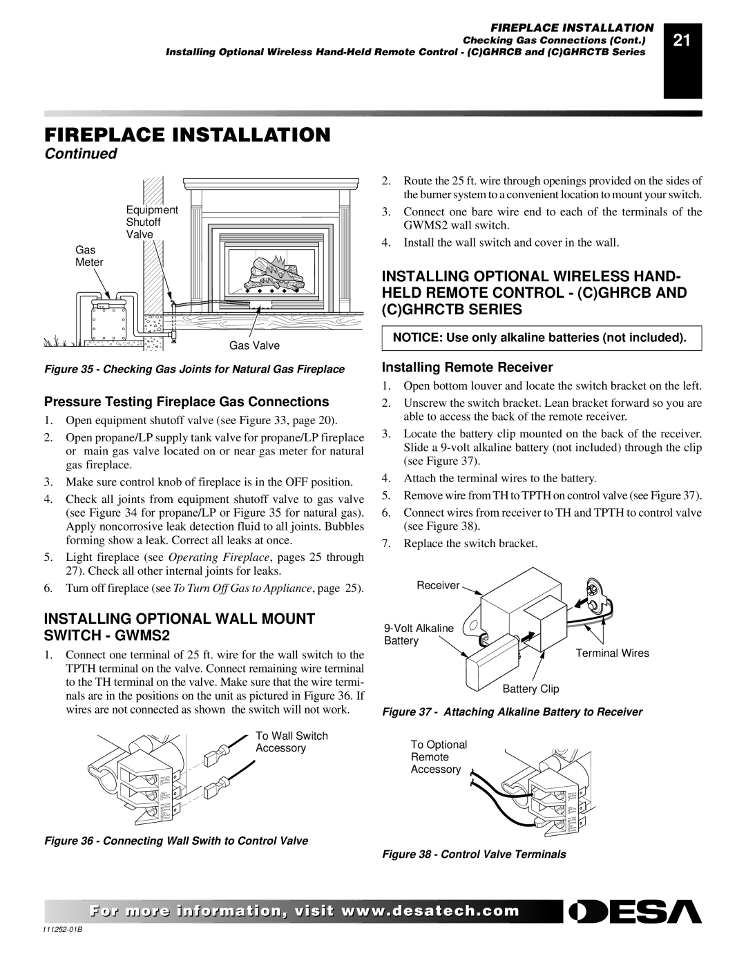 Desa CHDV36NRA, V36NA, V36PA Installing Optional Wall Mount Switch GWMS2, Pressure Testing Fireplace Gas Connections 