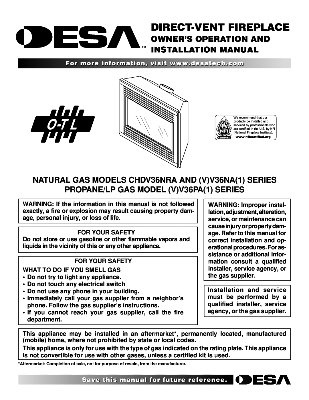 Desa CHDV36NRA, V36NA, V36PA installation manual Owner’S Operation And Installation Manual, For Your Safety, Save thisfor 