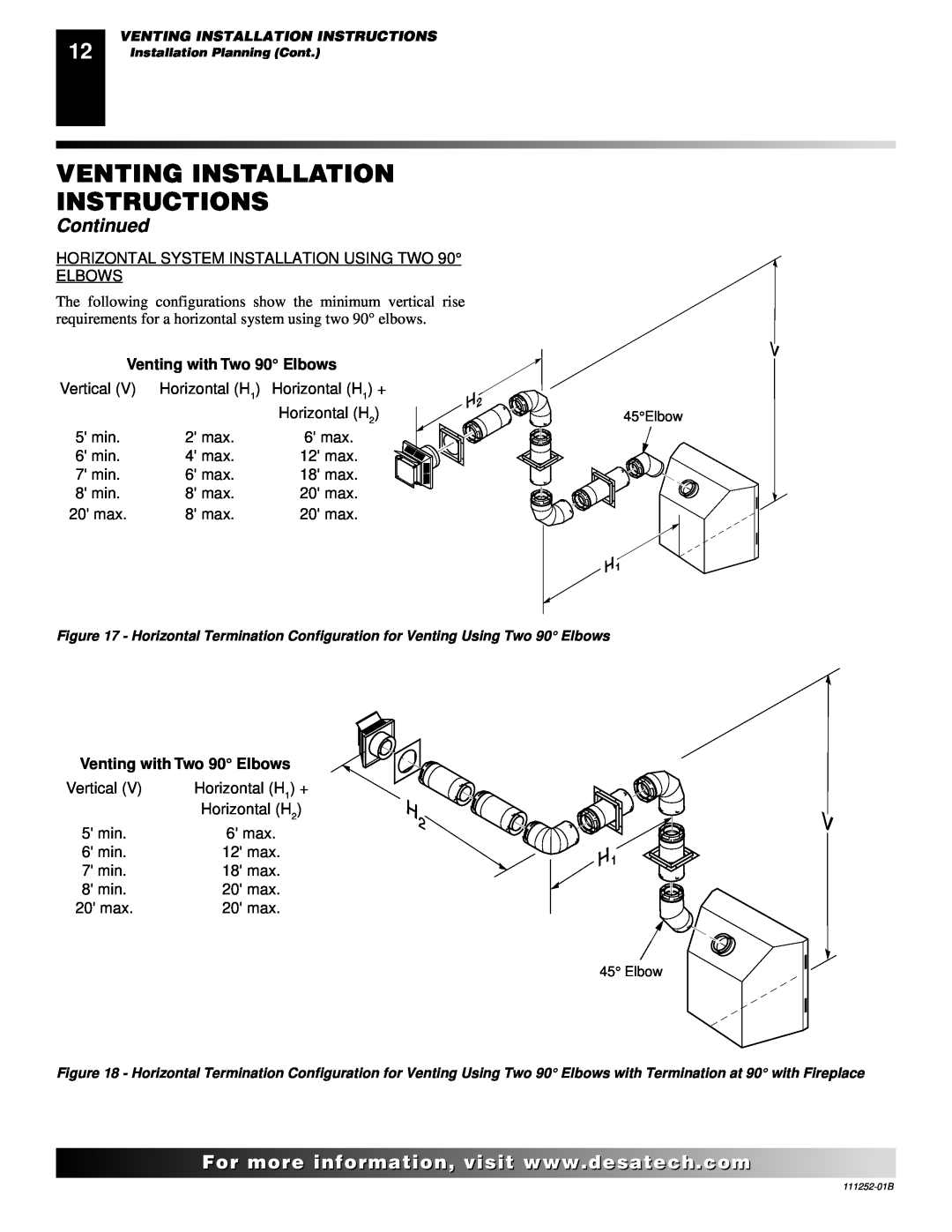 Desa (V)V36PA(1), CHDV36NRA, V36NA, V36PA Venting Installation Instructions, Continued, Venting with Two 90 Elbows 