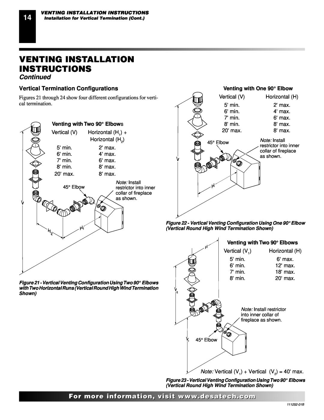 Desa (V)V36PA(1) installation manual Vertical Termination Configurations, Venting Installation Instructions, Continued 