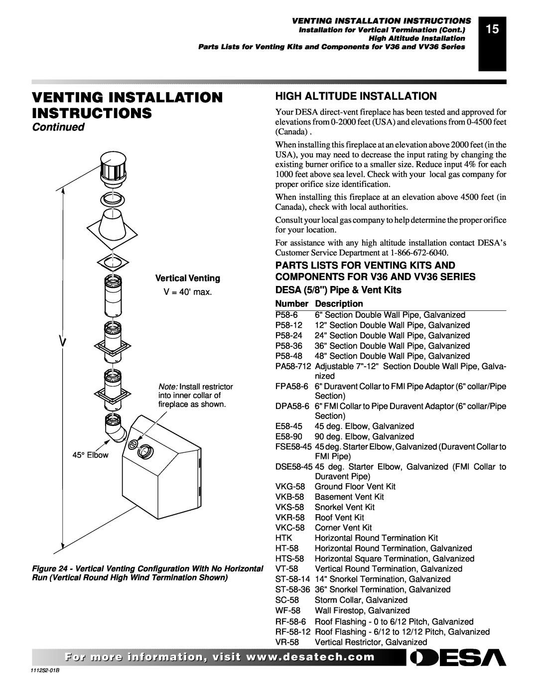 Desa CHDV36NRA, V36NA, V36PA High Altitude Installation, Venting Installation Instructions, Continued, Vertical Venting 
