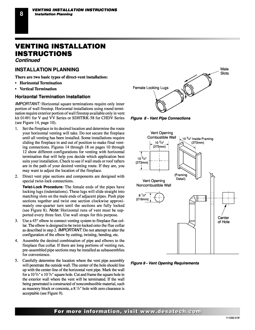 Desa (V)V36PA(1) Installation Planning, Horizontal Termination Installation, Venting Installation Instructions, Continued 