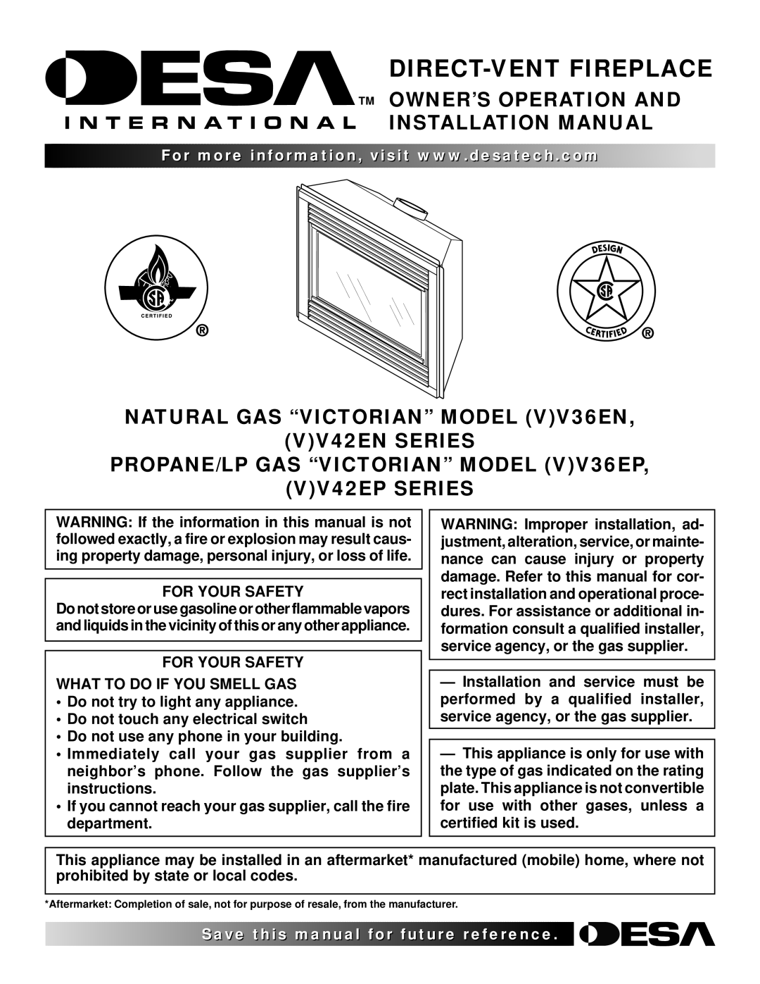 Desa (V)V36EP, (V)V42EN, (V)V42EP installation manual TM OWNER’S Operation Installation Manual, For Your Safety 