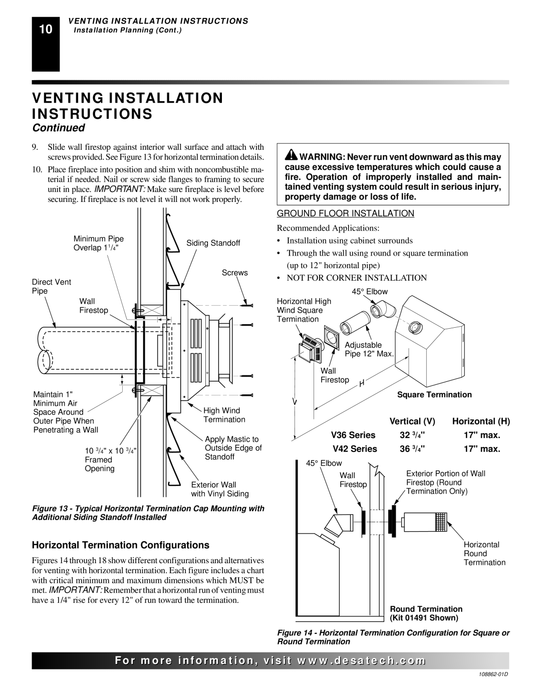 Desa (V)V36EP, (V)V42EN, (V)V42EP Horizontal Termination Configurations, Horizontal H, V36 Series 32 3, V42 Series 36 3 