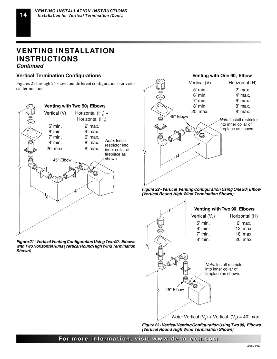 Desa (V)V42EP, (V)V42EN, (V)V36EP installation manual Vertical Termination Configurations, Venting with One 90 Elbow 