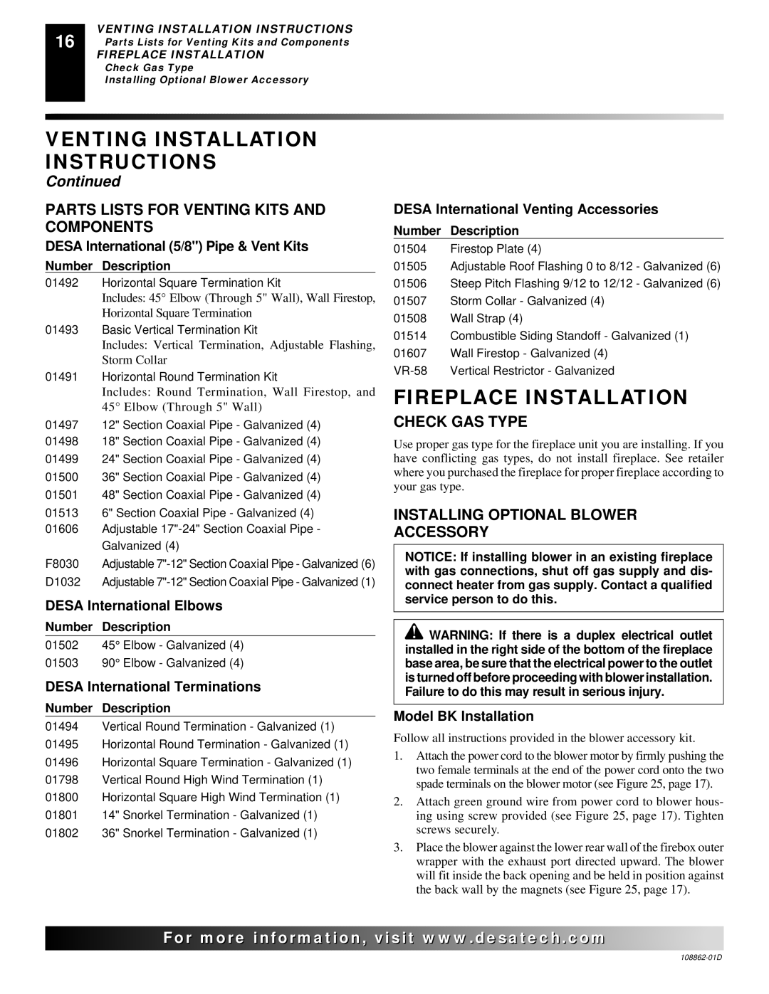 Desa (V)V36EP, (V)V42EN, (V)V42EP Fireplace Installation, Parts Lists for Venting Kits and Components, Check GAS Type 