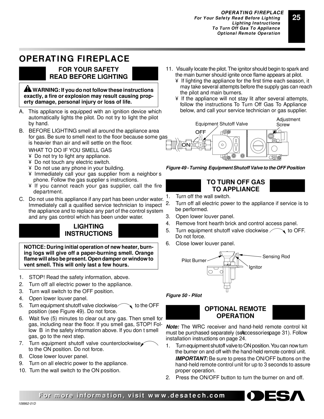 Desa (V)V36EP Operating Fireplace, For Your Safety Read Before Lighting, Lighting Instructions, Optional Remote Operation 