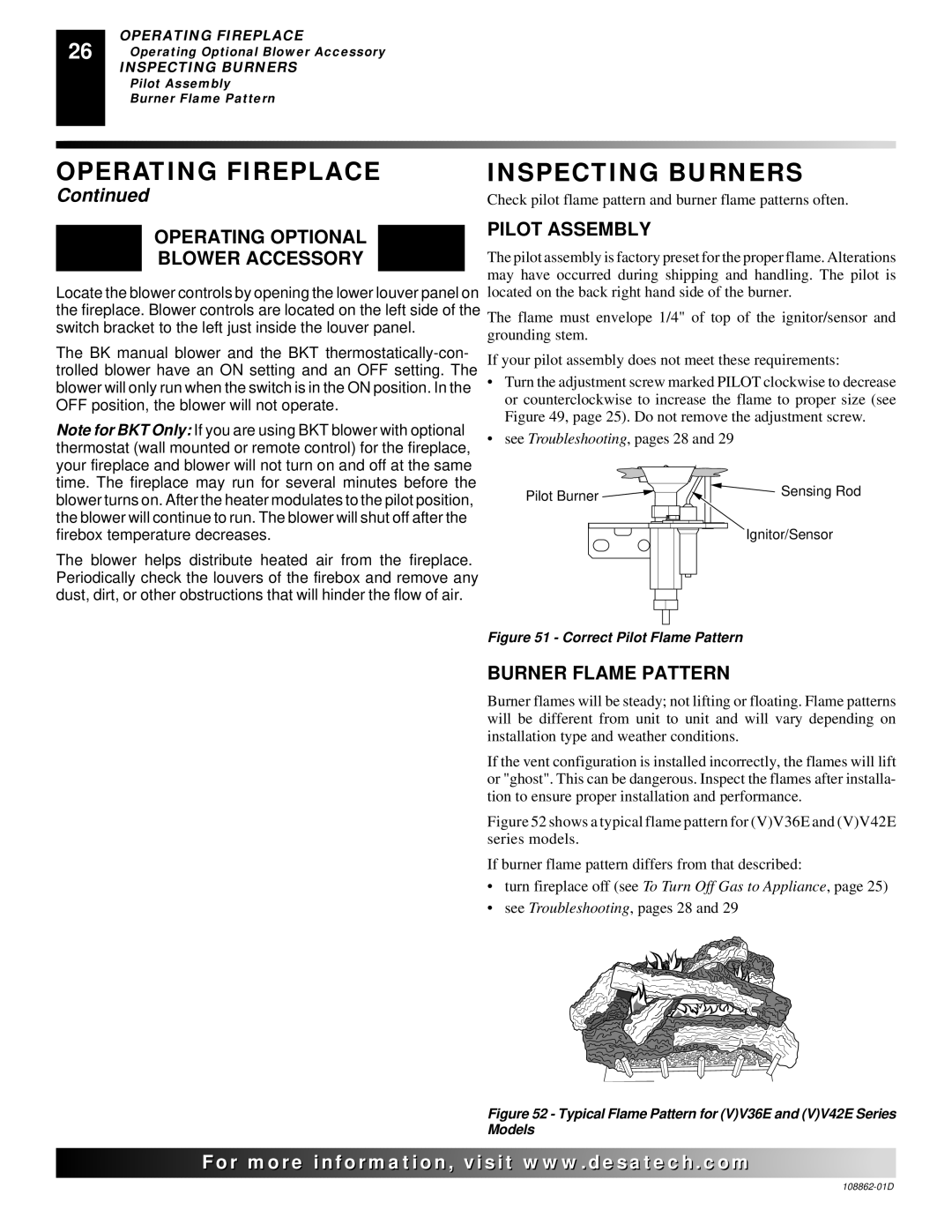 Desa (V)V42EP, (V)V42EN Inspecting Burners, Operating Optional Blower Accessory, Pilot Assembly, Burner Flame Pattern 