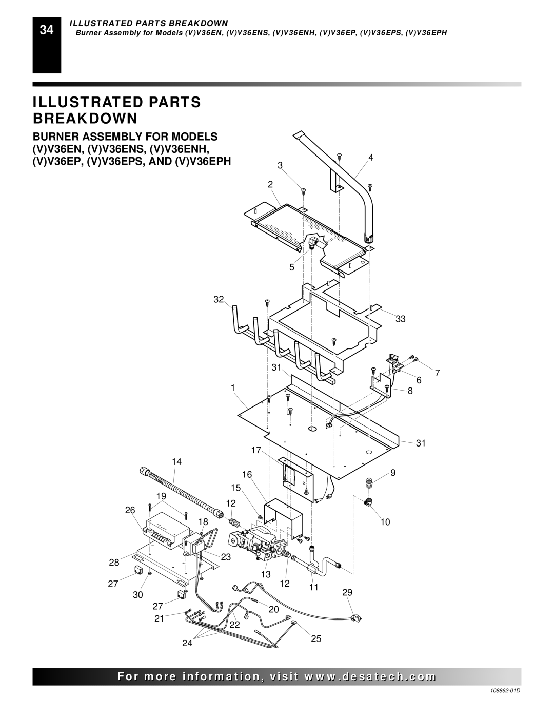 Desa (V)V36EP, (V)V42EN, (V)V42EP installation manual Burner Assembly for Models 