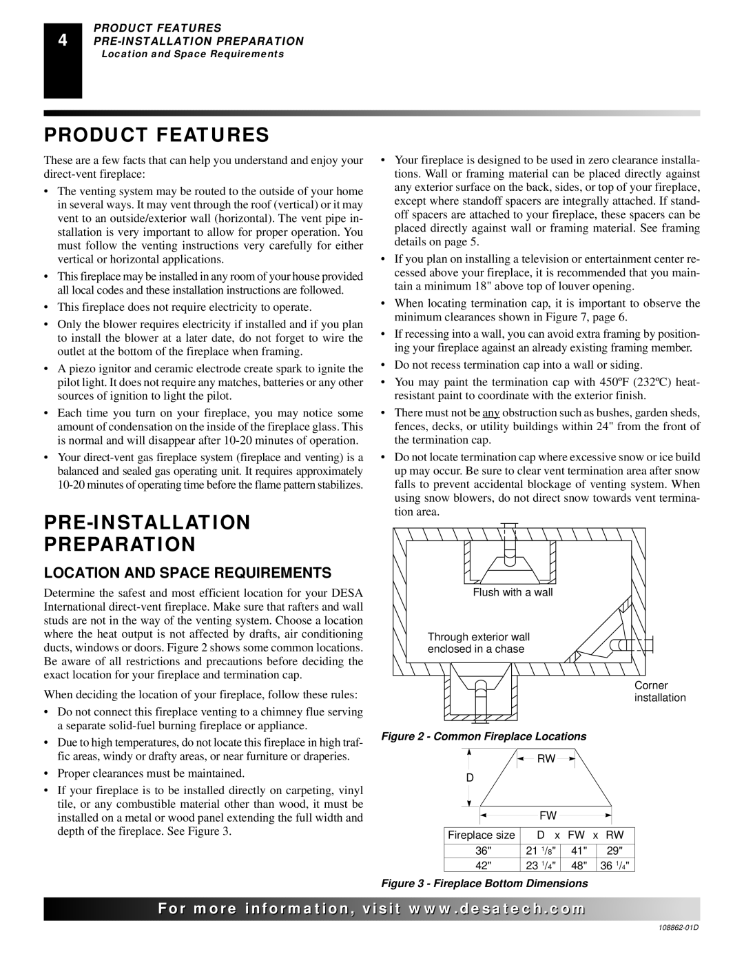 Desa (V)V36EP, (V)V42EN, (V)V42EP Product Features, PRE-INSTALLATION Preparation, Location and Space Requirements 