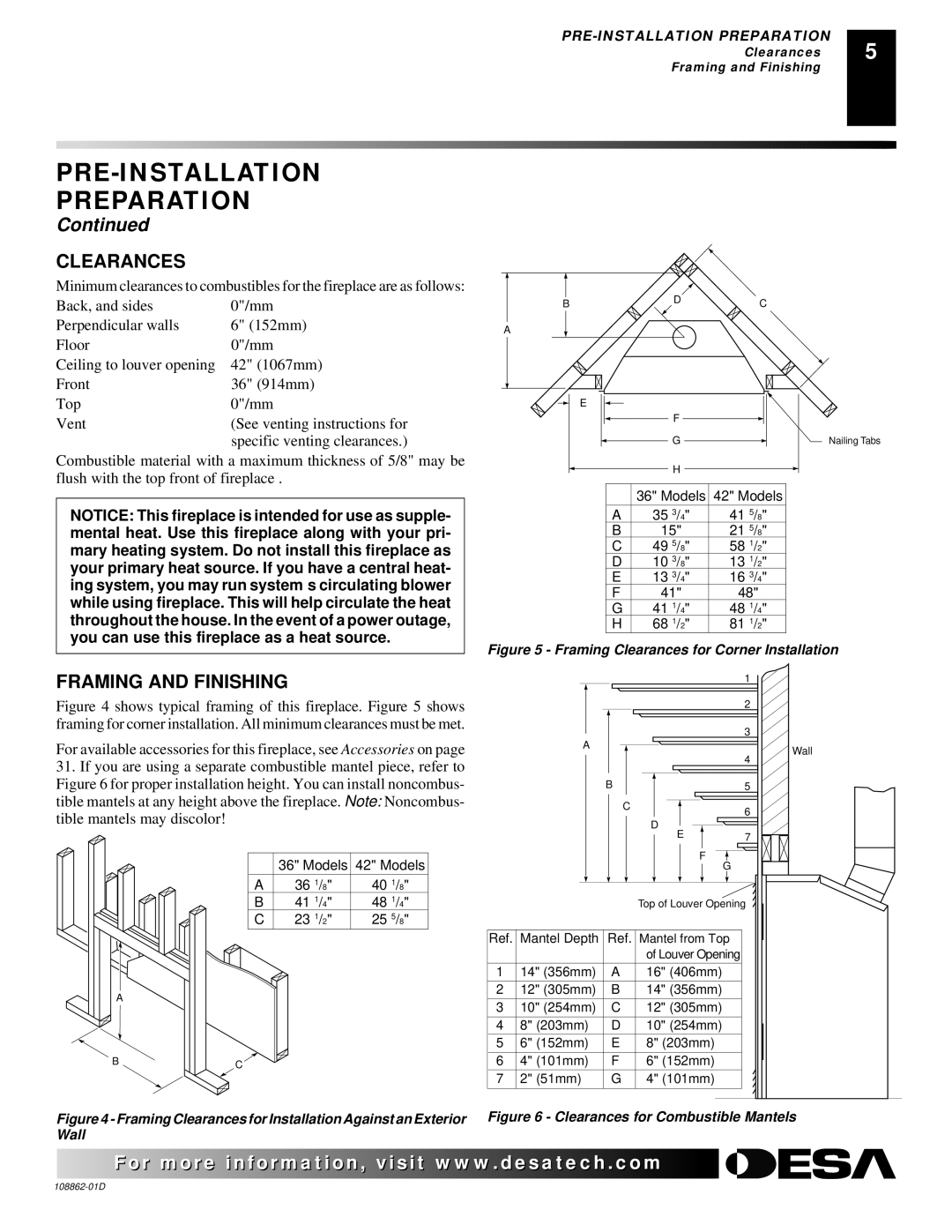 Desa (V)V42EP, (V)V42EN, (V)V36EP installation manual Clearances, Framing and Finishing 