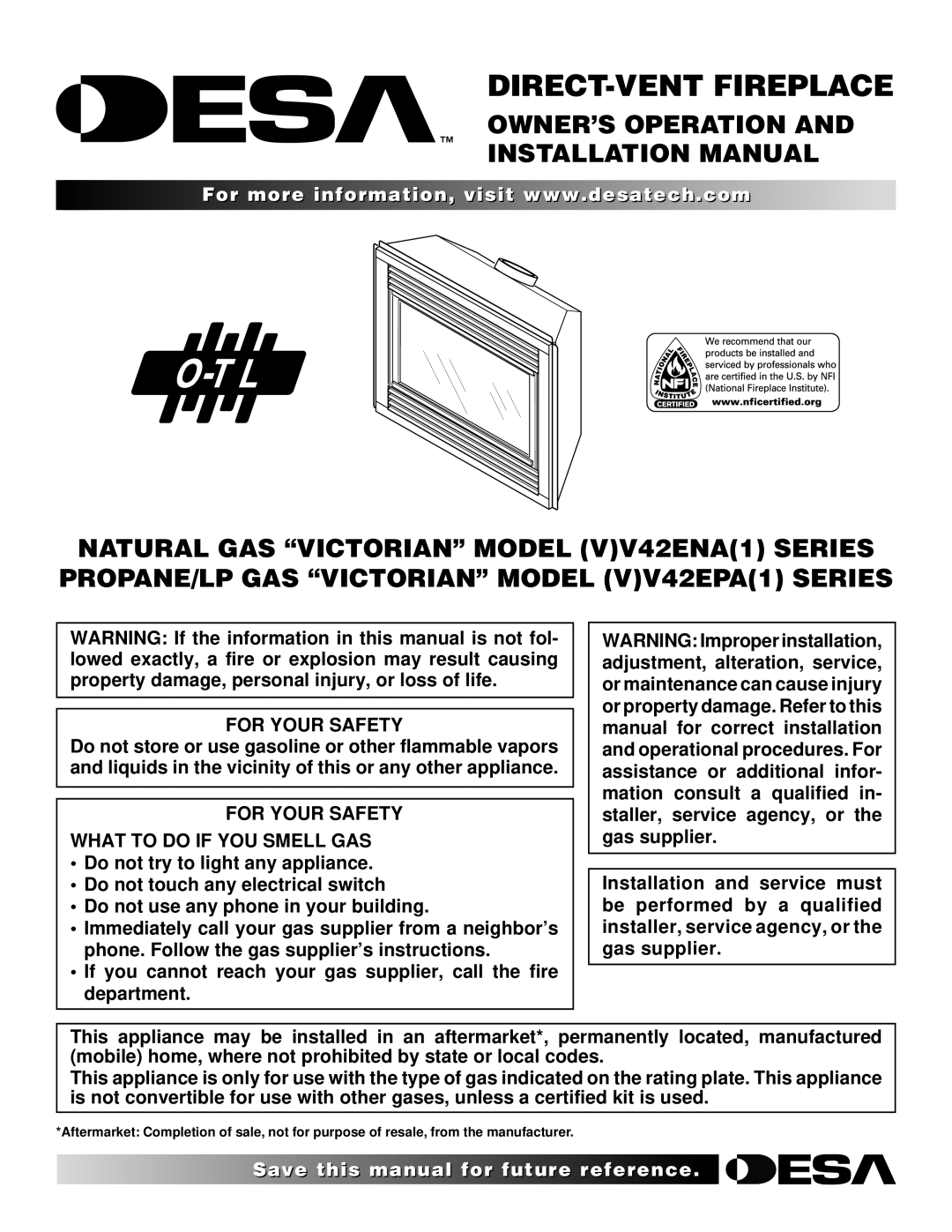 Desa (V)V42ENA(1) Series, (V)V42EPA(1) Series installation manual OWNER’S Operation Installation Manual, For Your Safety 