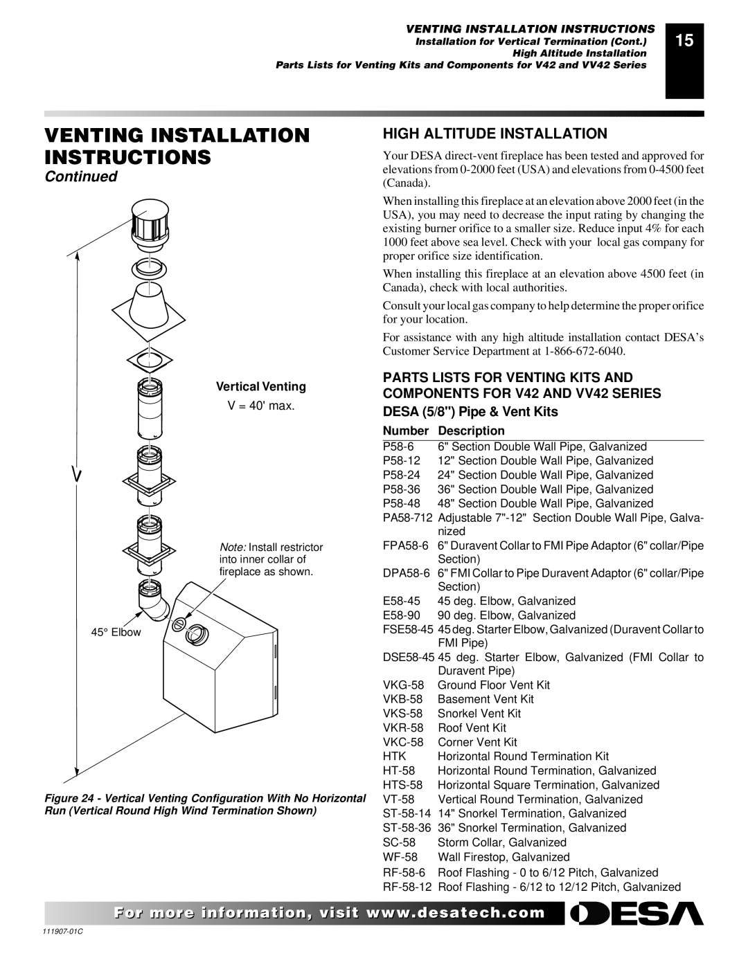 Desa (V)V42ENA(1) Series, (V)V42EPA(1) Series installation manual High Altitude Installation, Number Description 