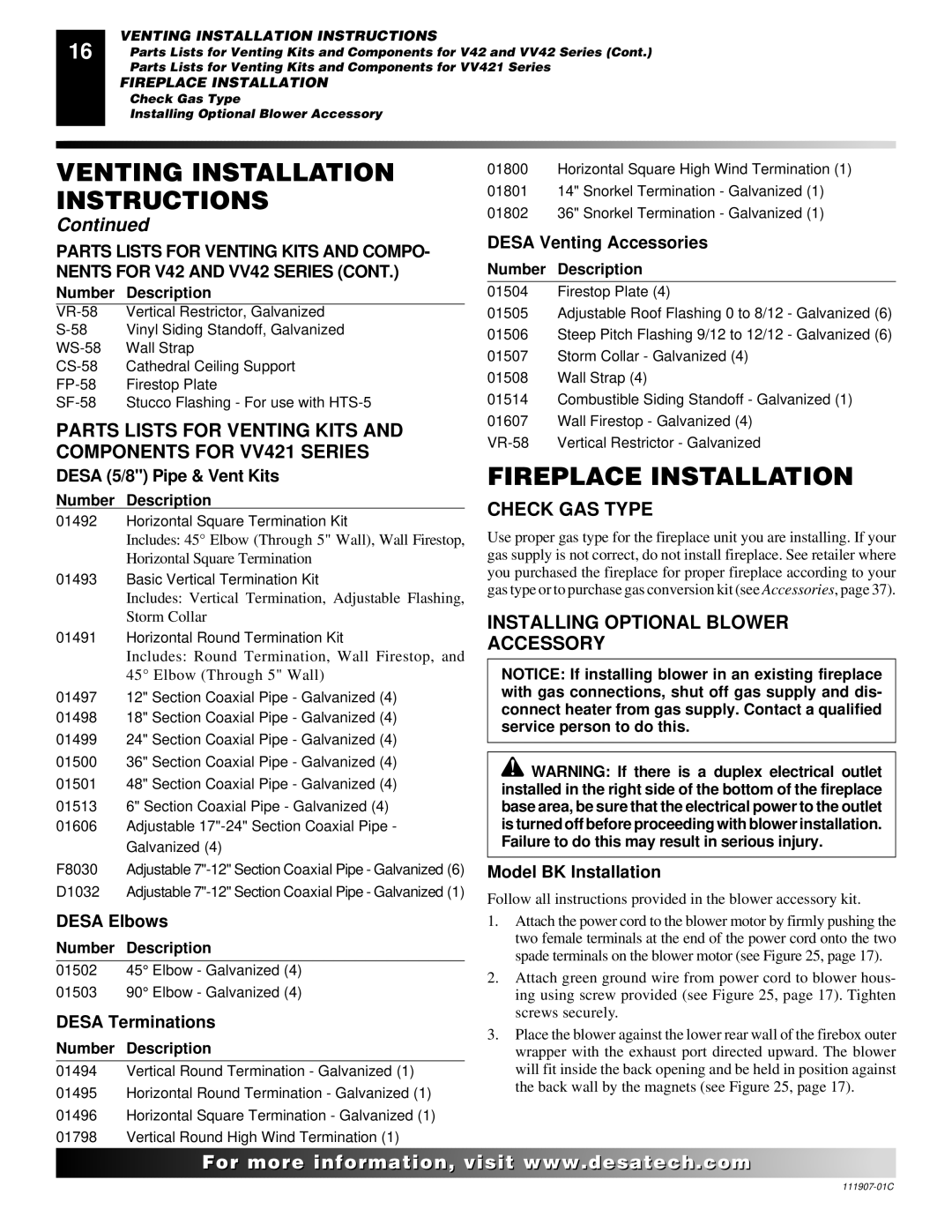 Desa (V)V42ENA(1) Series, (V)V42EPA(1) Series Fireplace Installation, Check GAS Type, Installing Optional Blower Accessory 