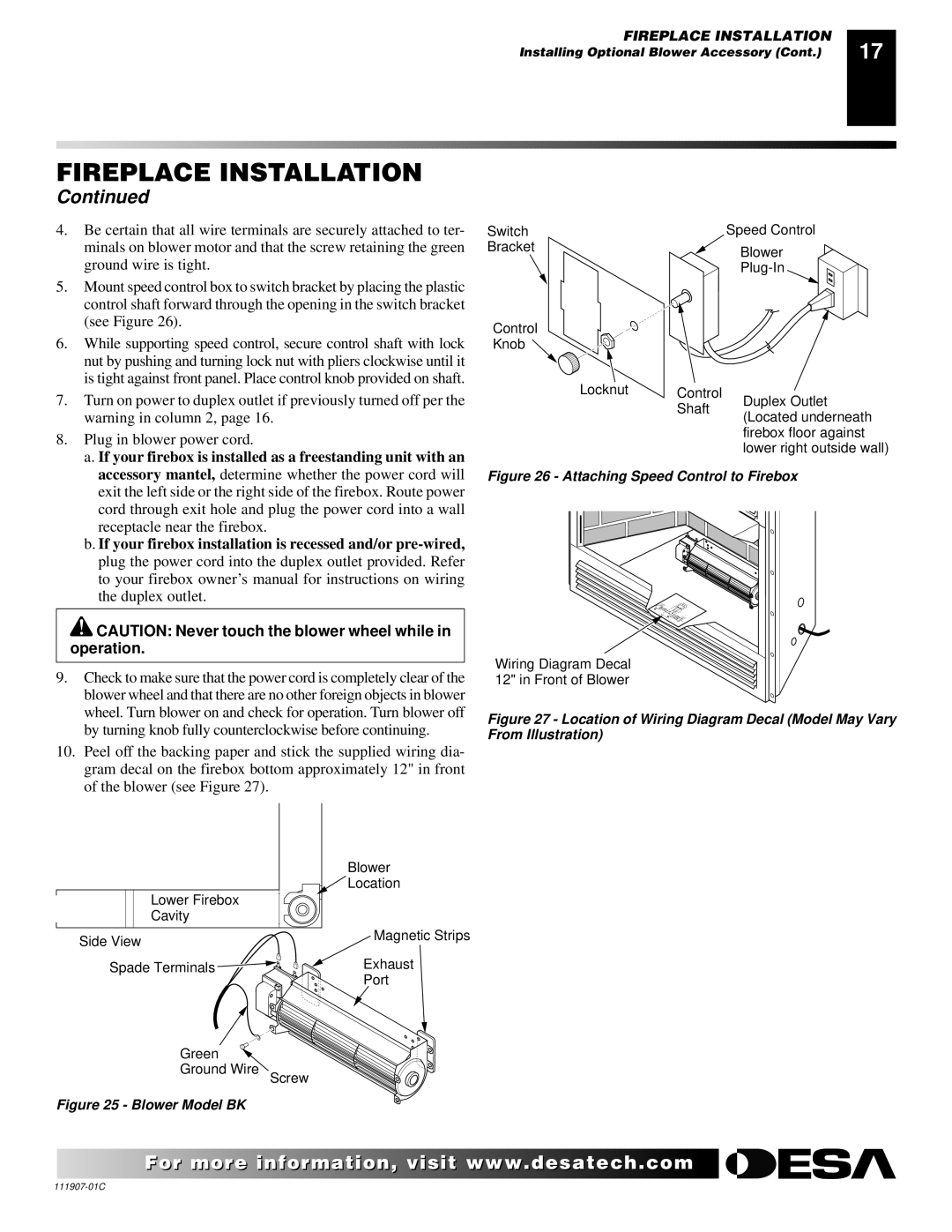 Desa (V)V42ENA(1) Series, (V)V42EPA(1) Series installation manual Attaching Speed Control to Firebox 